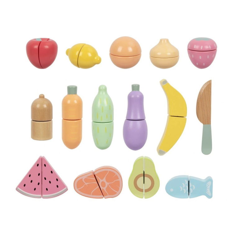 Дървени плодове и зеленчуци за рязане в кутия 3в1