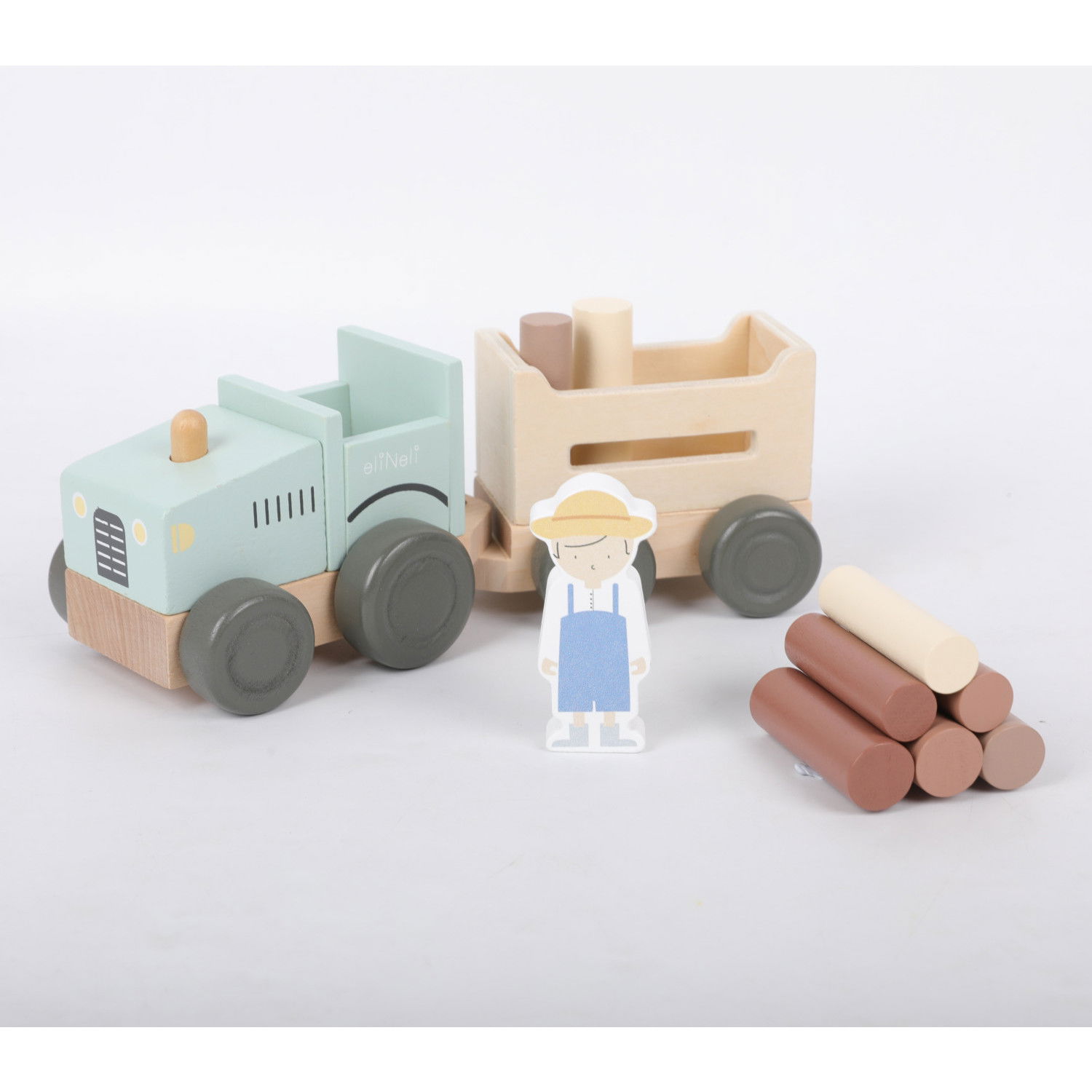 Дървен трактор с ремарке и аксесоари