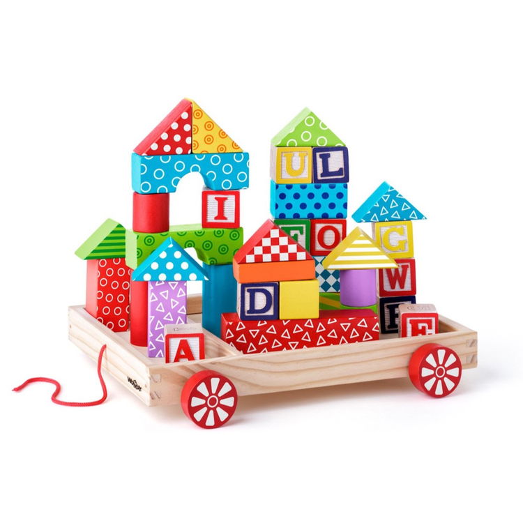 Дървен цветен конструктор с количка