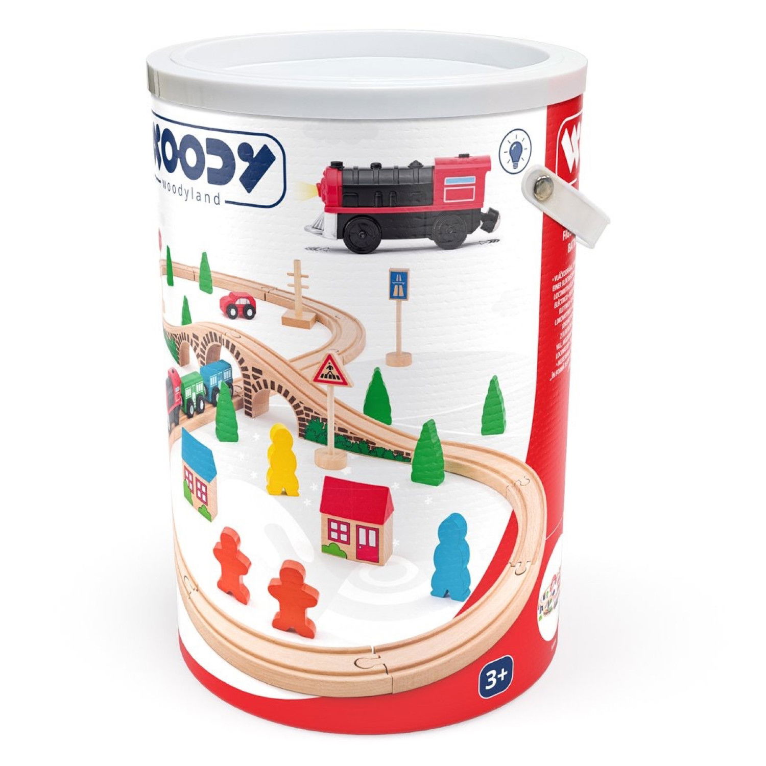 Комплект дървен влак и локомотив с батерии в кутия, 40 части