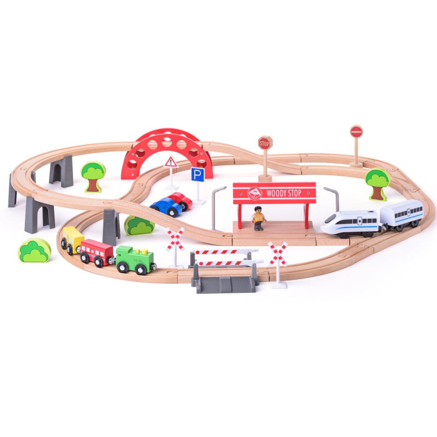 Комплект дървен влак и електрически локомотив, 60 части