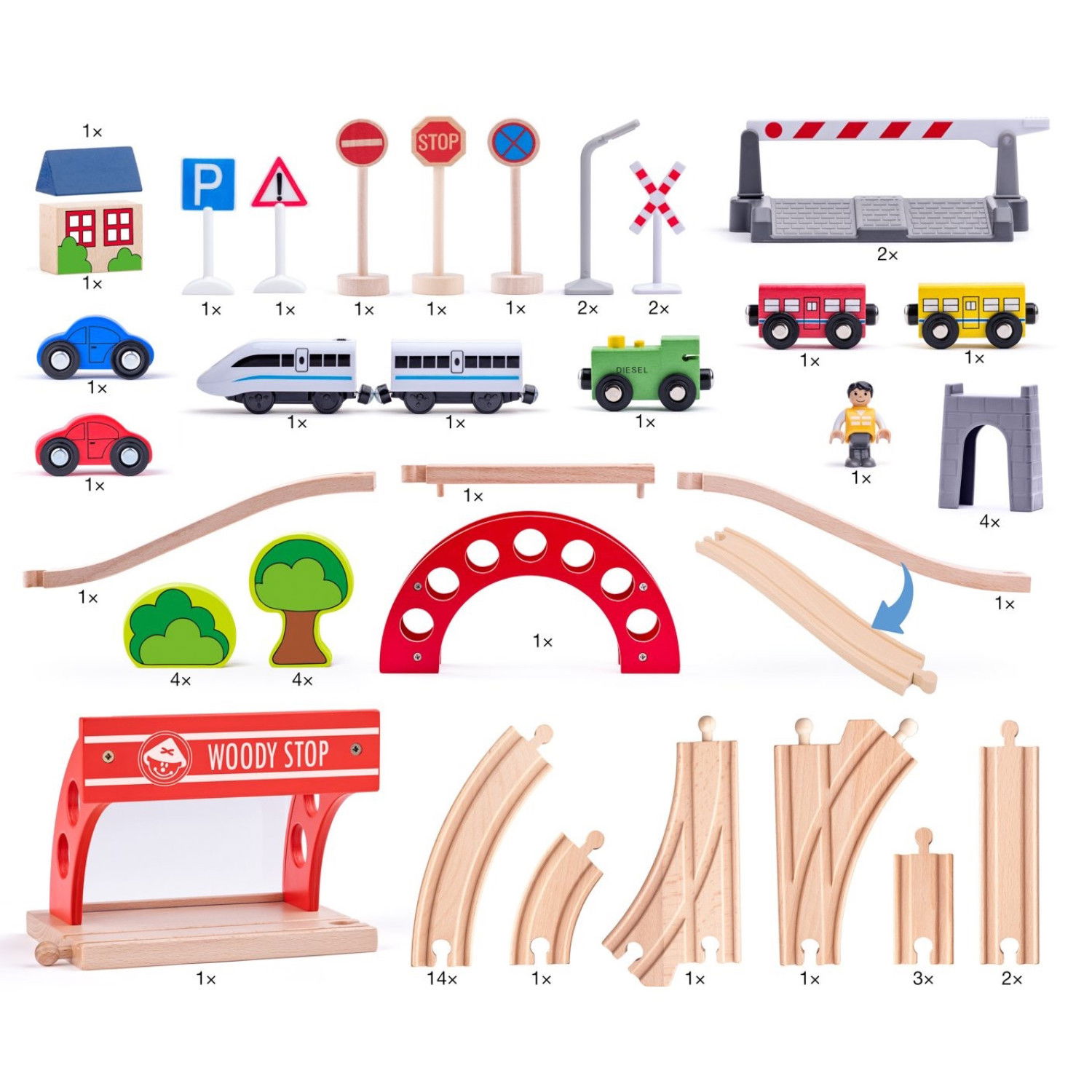 Комплект дървен влак и електрически локомотив, 60 части