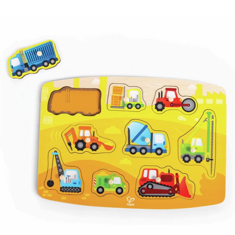 Дървен пъзел с дръжки Работни коли, Hape