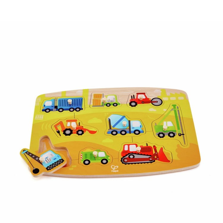 Дървен пъзел с дръжки Работни коли, Hape