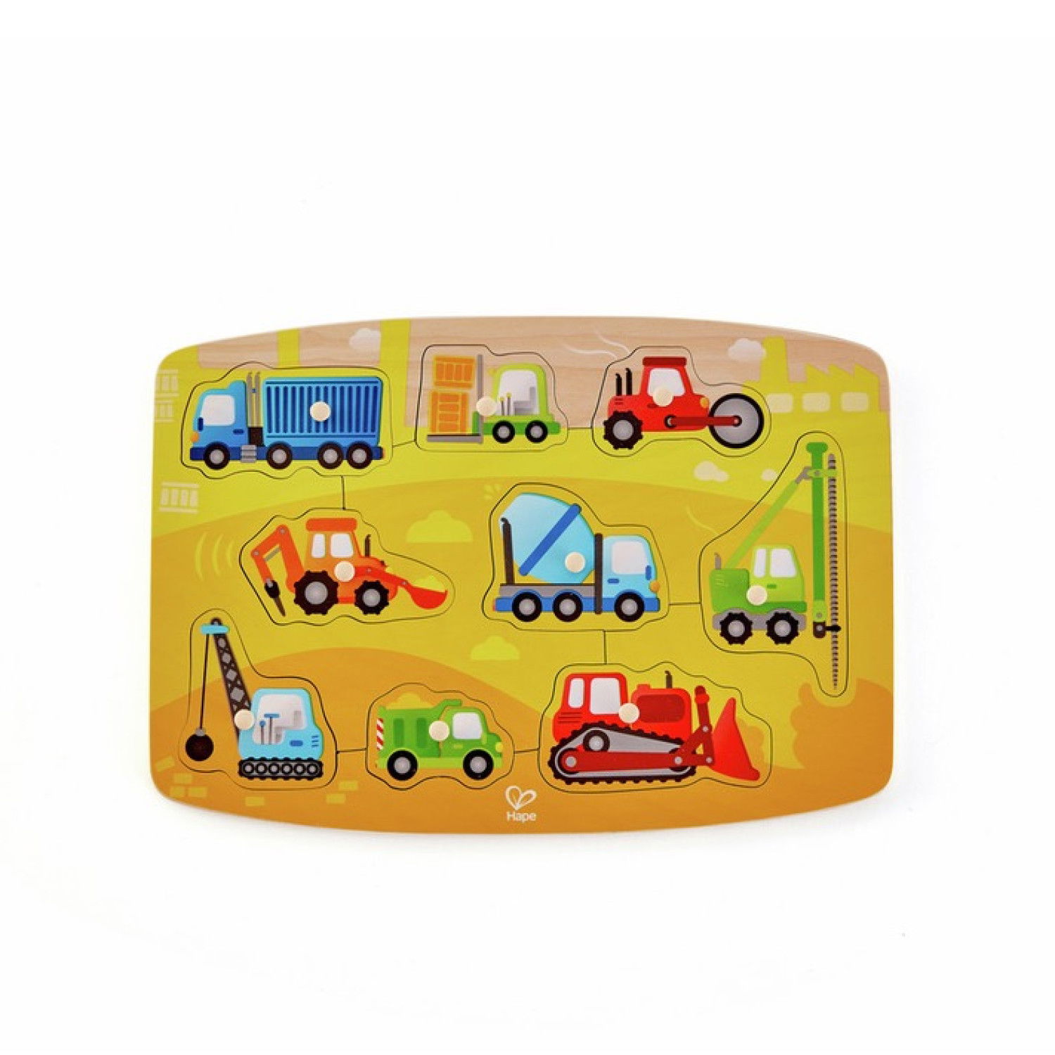 Дървен пъзел с дръжки Работни коли, Hape