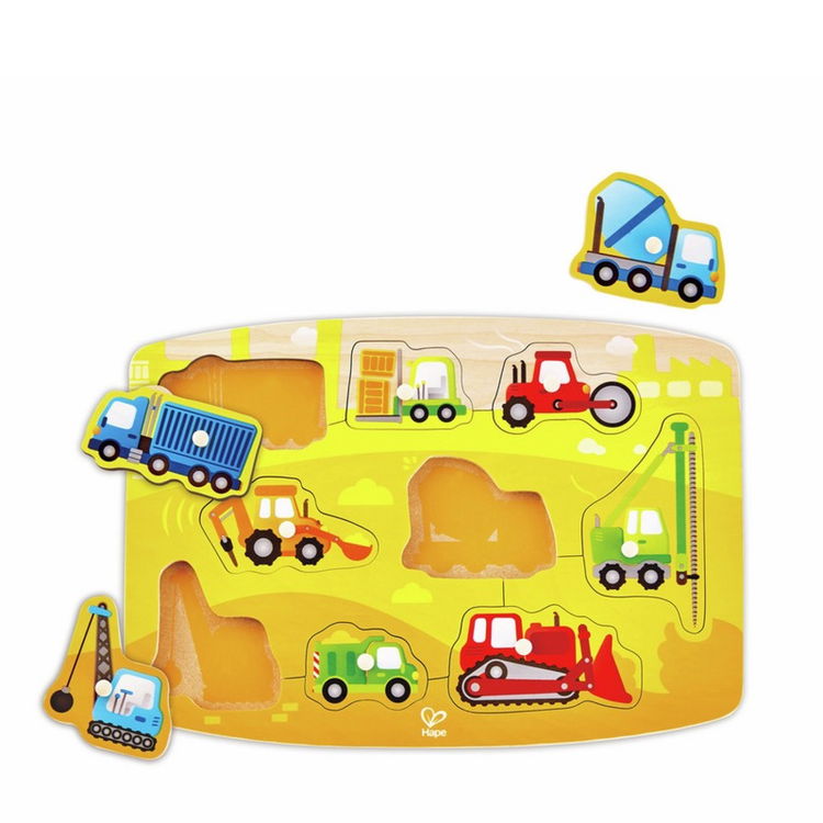 Дървен пъзел с дръжки Работни коли, Hape
