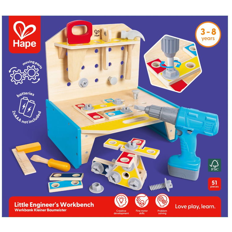 Дървена работна маса с инструменти, 51 части, Hape