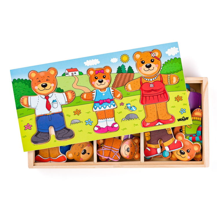 Дървен пъзел в кутия Мечета с дрехи, 54 елемента