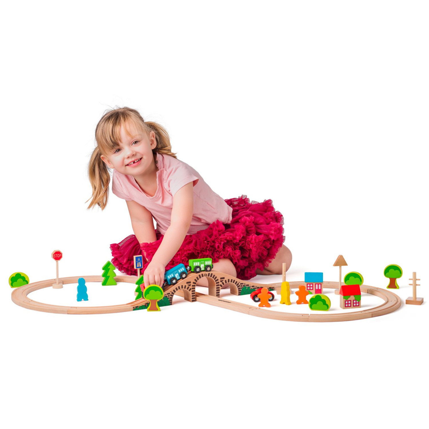 Комплект дървено влакче с релси и аксесоари, 40 части