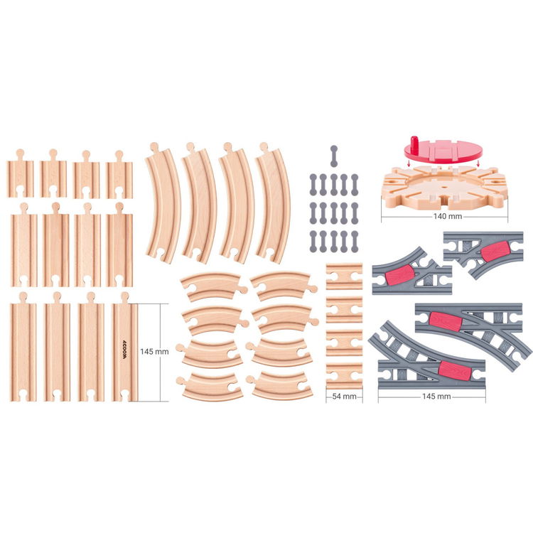 Комплект дървени релси с разклонение, 50 части