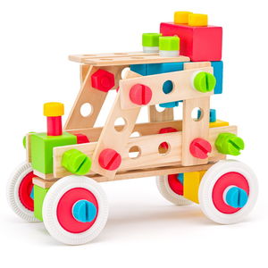 Дървен цветен конструктор в кофа, 140 части