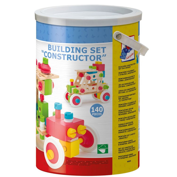 Дървен цветен конструктор в кофа, 140 части