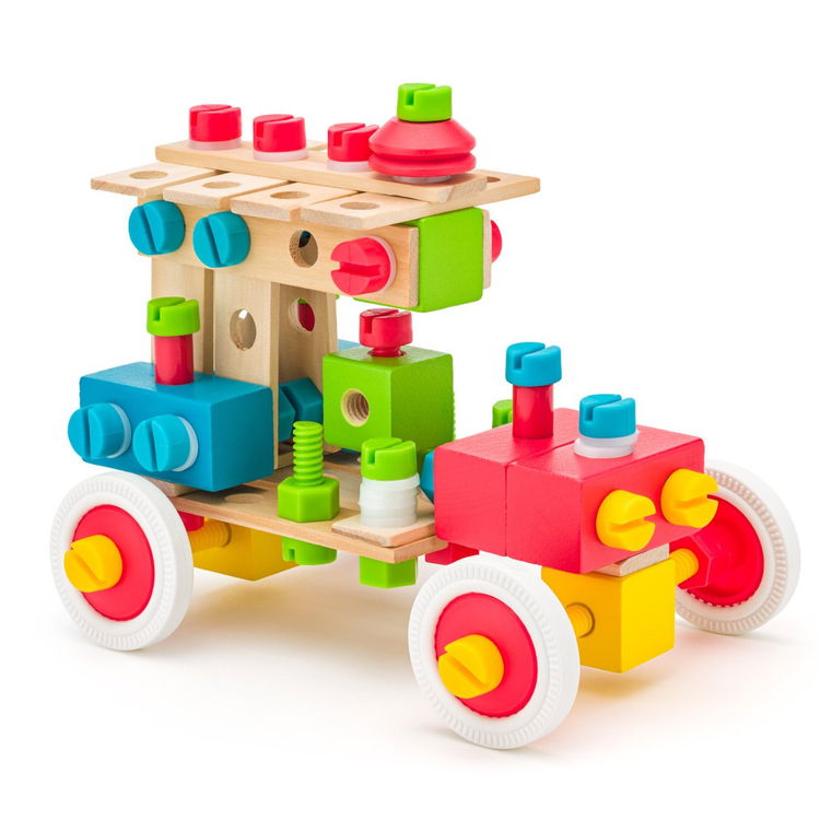 Дървен цветен конструктор в кофа, 140 части