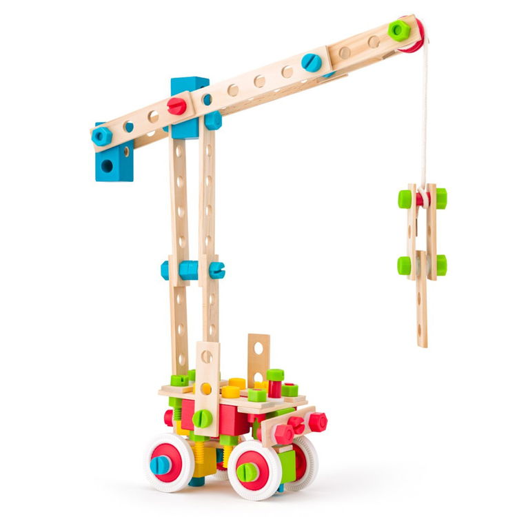 Дървен цветен конструктор в кофа, 140 части