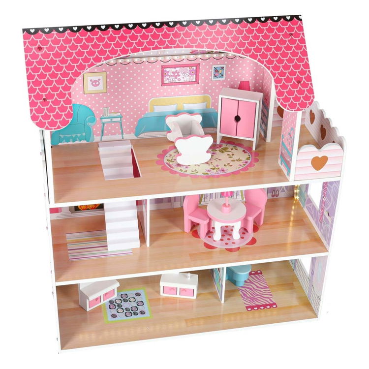 Дървена къща за кукли с LED осветление и аксесоари