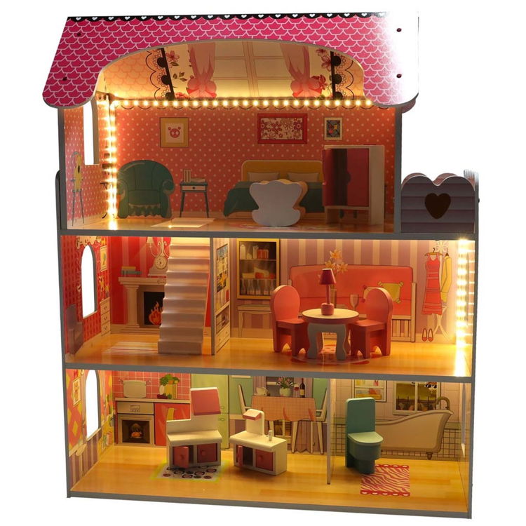 Дървена къща за кукли с LED осветление и аксесоари