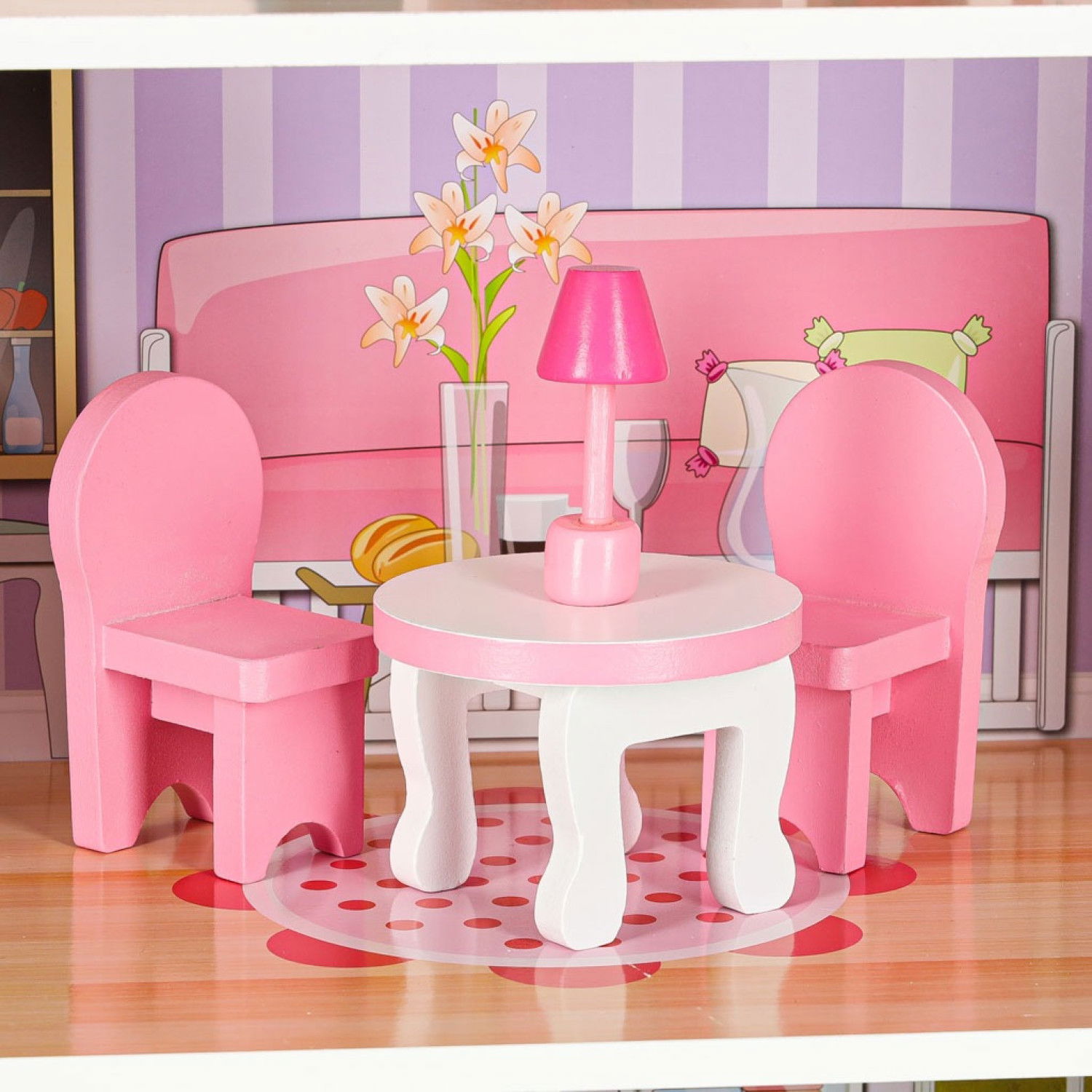 Дървена къща за кукли с LED осветление и аксесоари