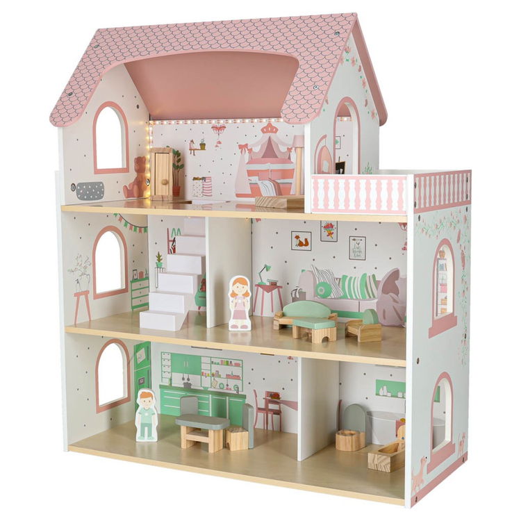 Дървена къща за кукли с LED осветление и аксесоари