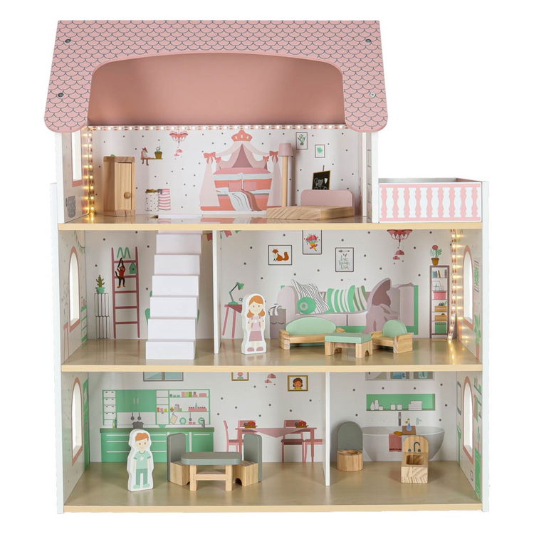 Дървена къща за кукли с LED осветление и аксесоари