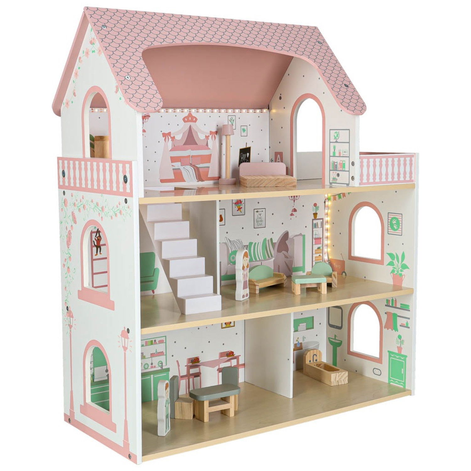 Дървена къща за кукли с LED осветление и аксесоари