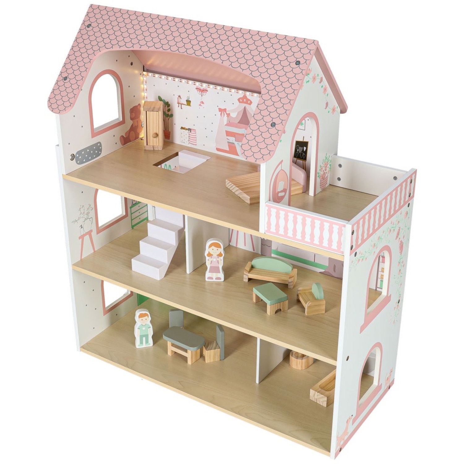 Дървена къща за кукли с LED осветление и аксесоари