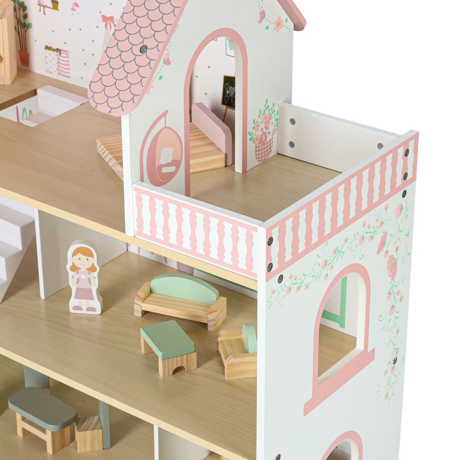 Дървена къща за кукли с LED осветление и аксесоари