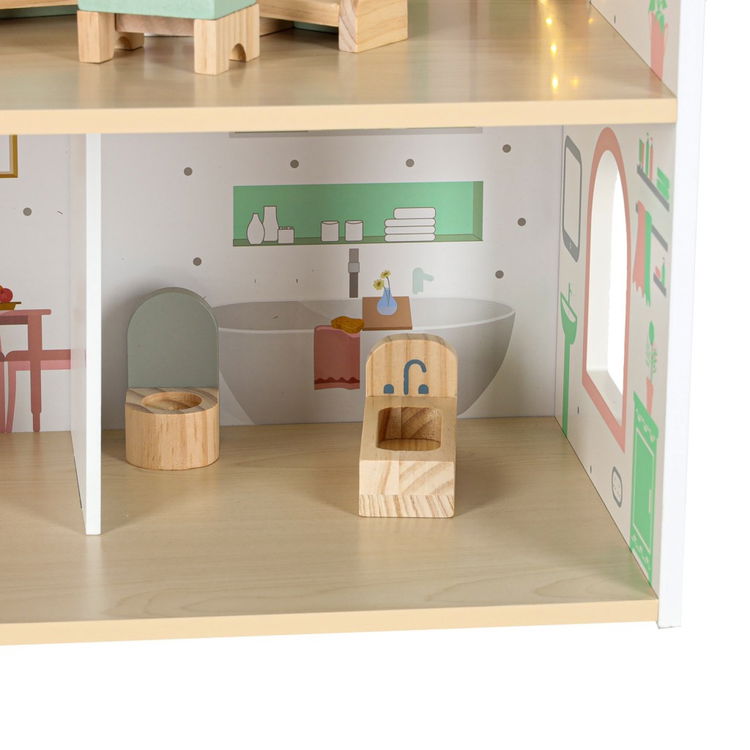 Дървена къща за кукли с LED осветление и аксесоари