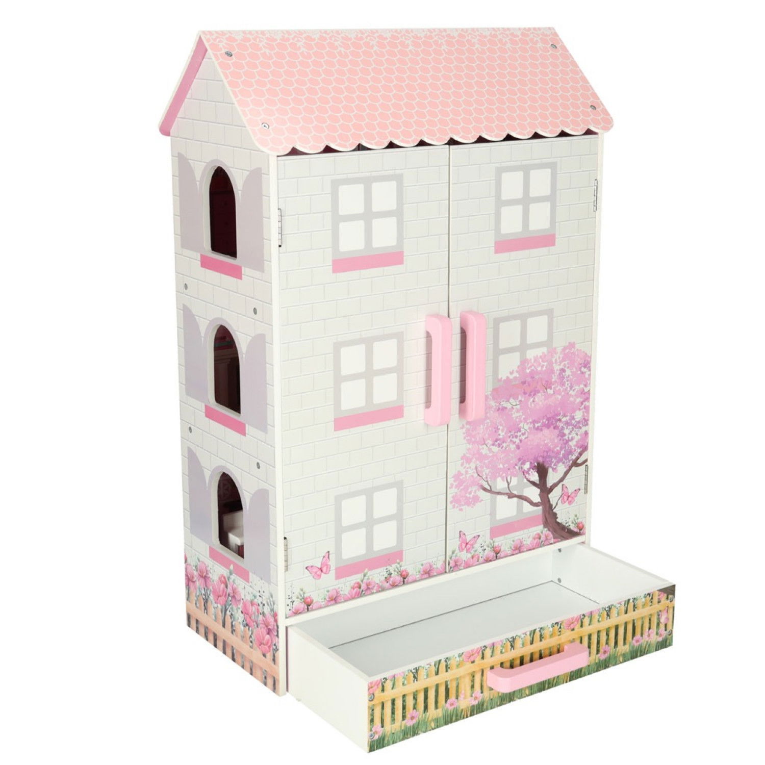 Дървена къща за кукли с чекмедже и аксесоари