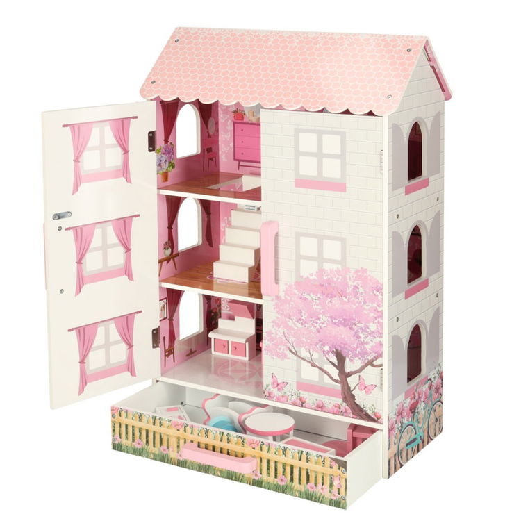 Дървена къща за кукли с чекмедже и аксесоари