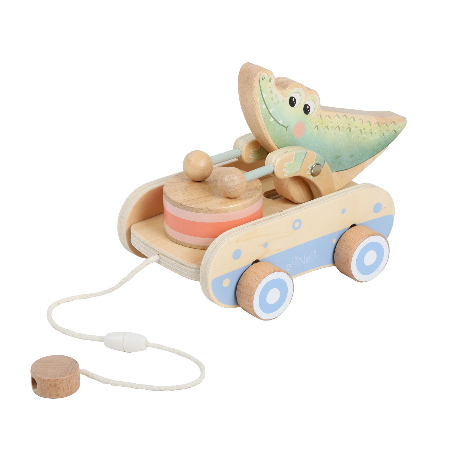 Дървена играчка за дърпане Крокодил с барабан