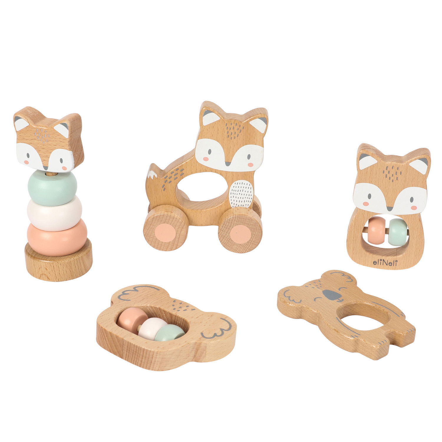 Бебешки дървен комплект Животни 5в1