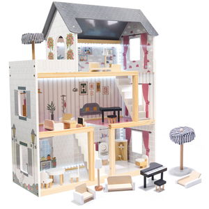 Дървена къща за кукли с LED осветление и аксесоари