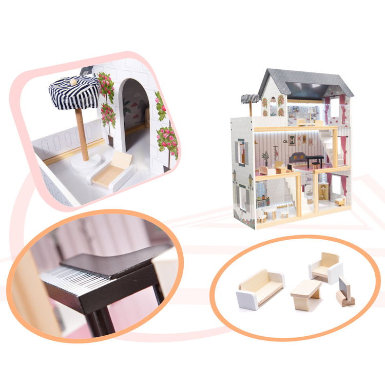 Дървена къща за кукли с LED осветление и аксесоари