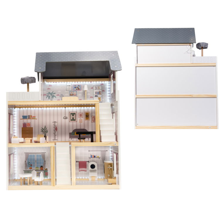 Дървена къща за кукли с LED осветление и аксесоари