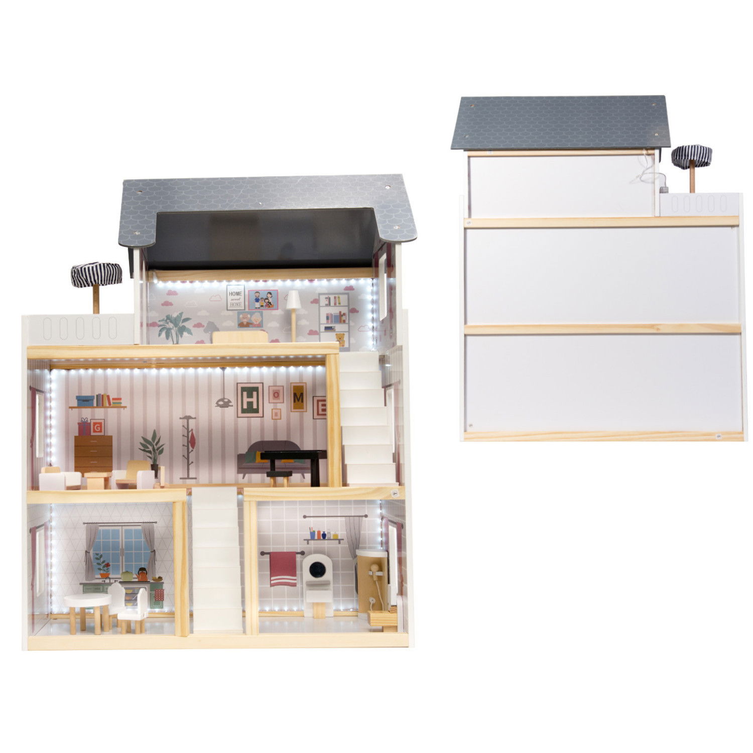 Дървена къща за кукли с LED осветление и аксесоари