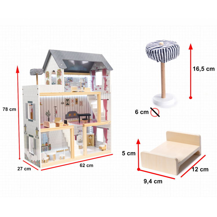 Дървена къща за кукли с LED осветление и аксесоари