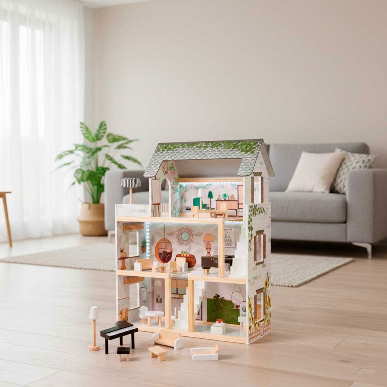 Дървена къща за кукли с LED осветление и аксесоари