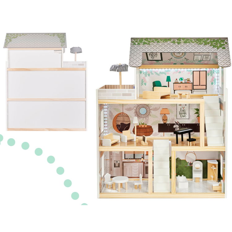 Дървена къща за кукли с LED осветление и аксесоари