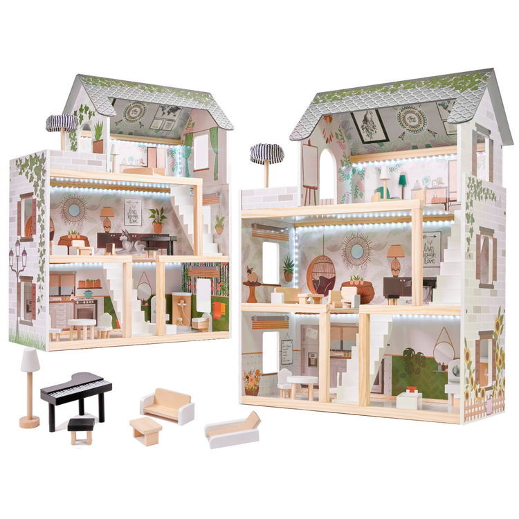 Дървена къща за кукли с LED осветление и аксесоари