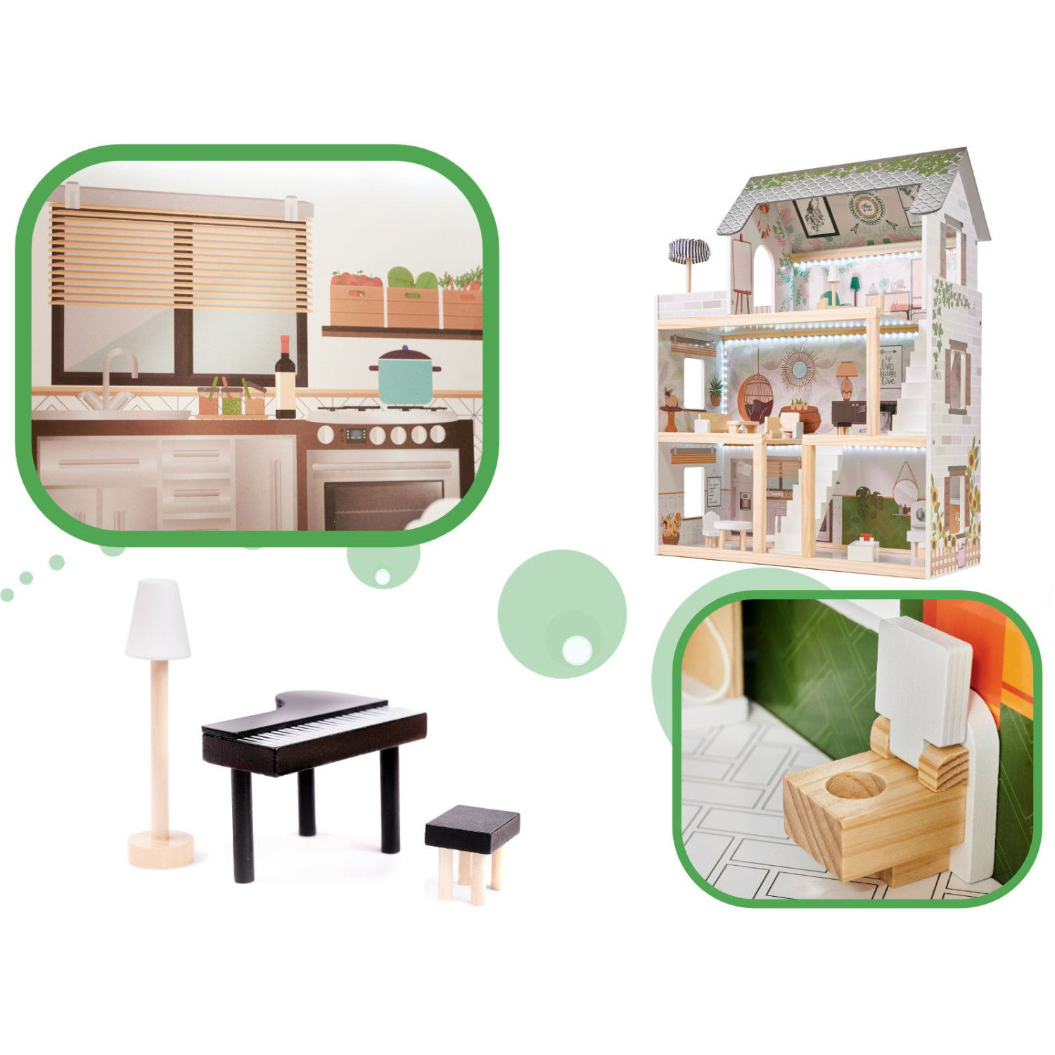 Дървена къща за кукли с LED осветление и аксесоари