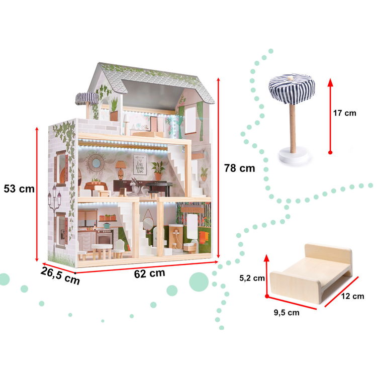 Дървена къща за кукли с LED осветление и аксесоари