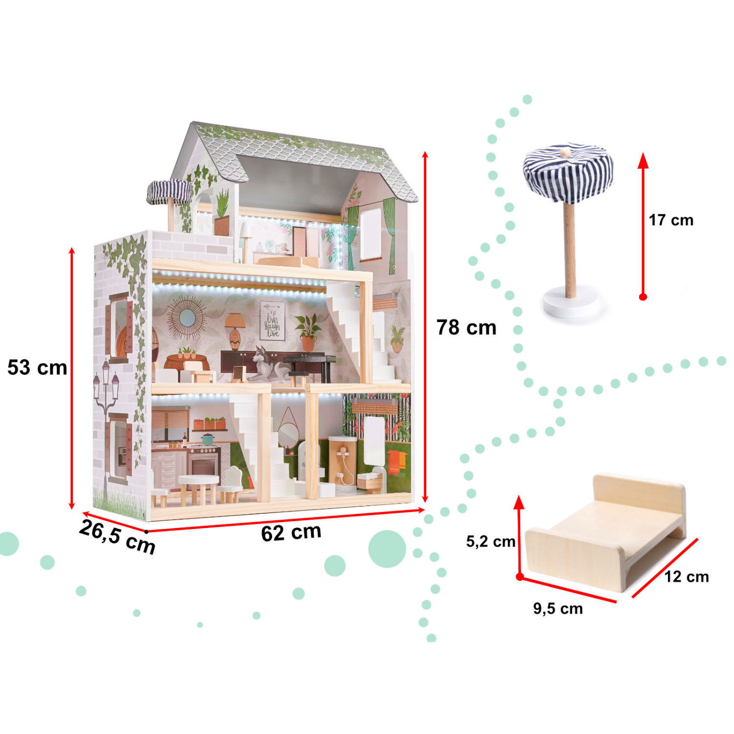 Дървена къща за кукли с LED осветление и аксесоари