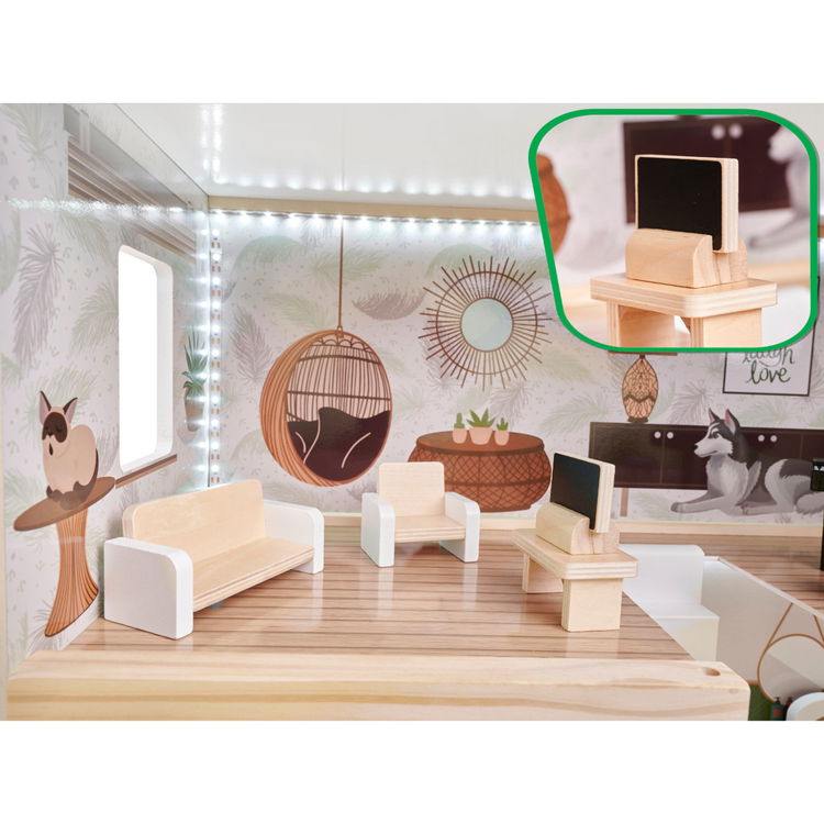 Дървена къща за кукли с LED осветление и аксесоари