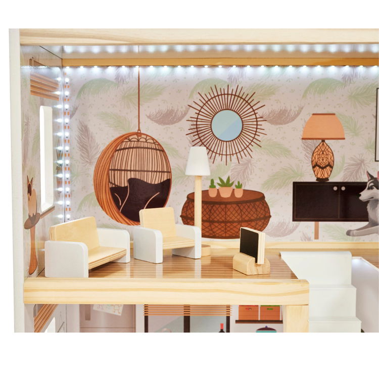 Дървена къща за кукли с LED осветление и аксесоари