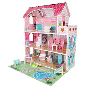 Дървена къща за кукли с LED осветление и градинско обзавеждане
