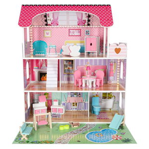 Дървена къща за кукли с LED осветление и градинско обзавеждане