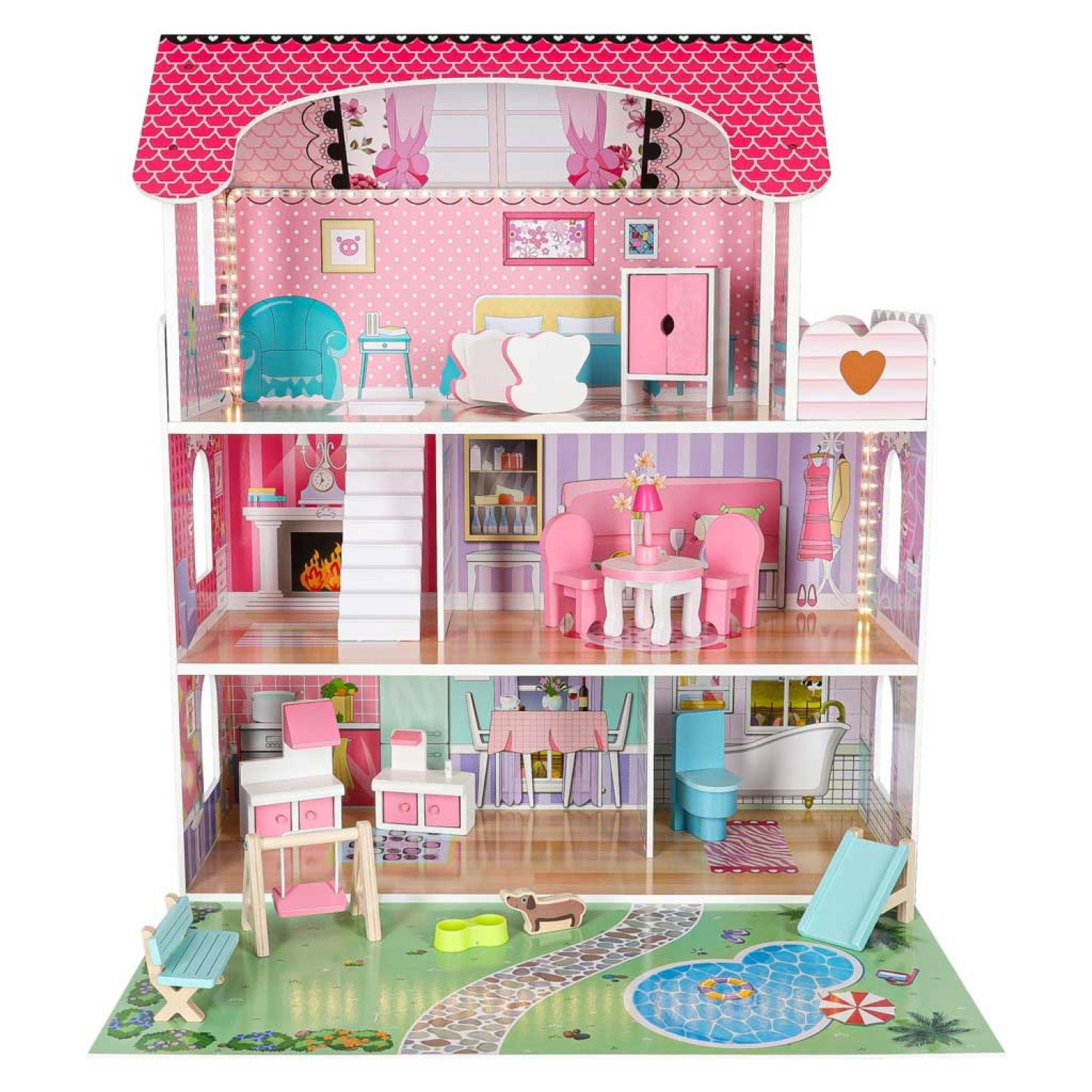 Дървена къща за кукли с LED осветление и градинско обзавеждане