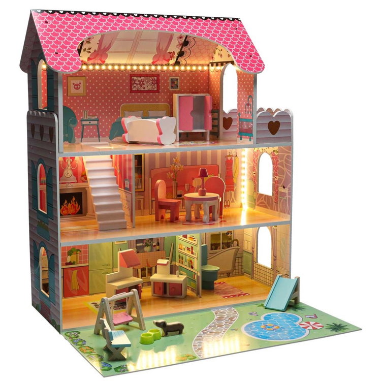 Дървена къща за кукли с LED осветление и градинско обзавеждане