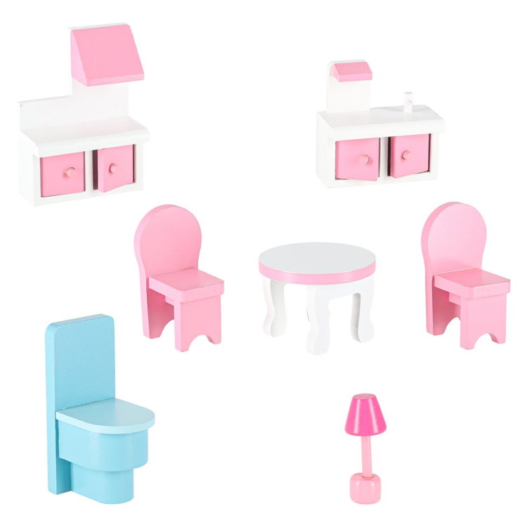 Дървена къща за кукли с LED осветление и градинско обзавеждане