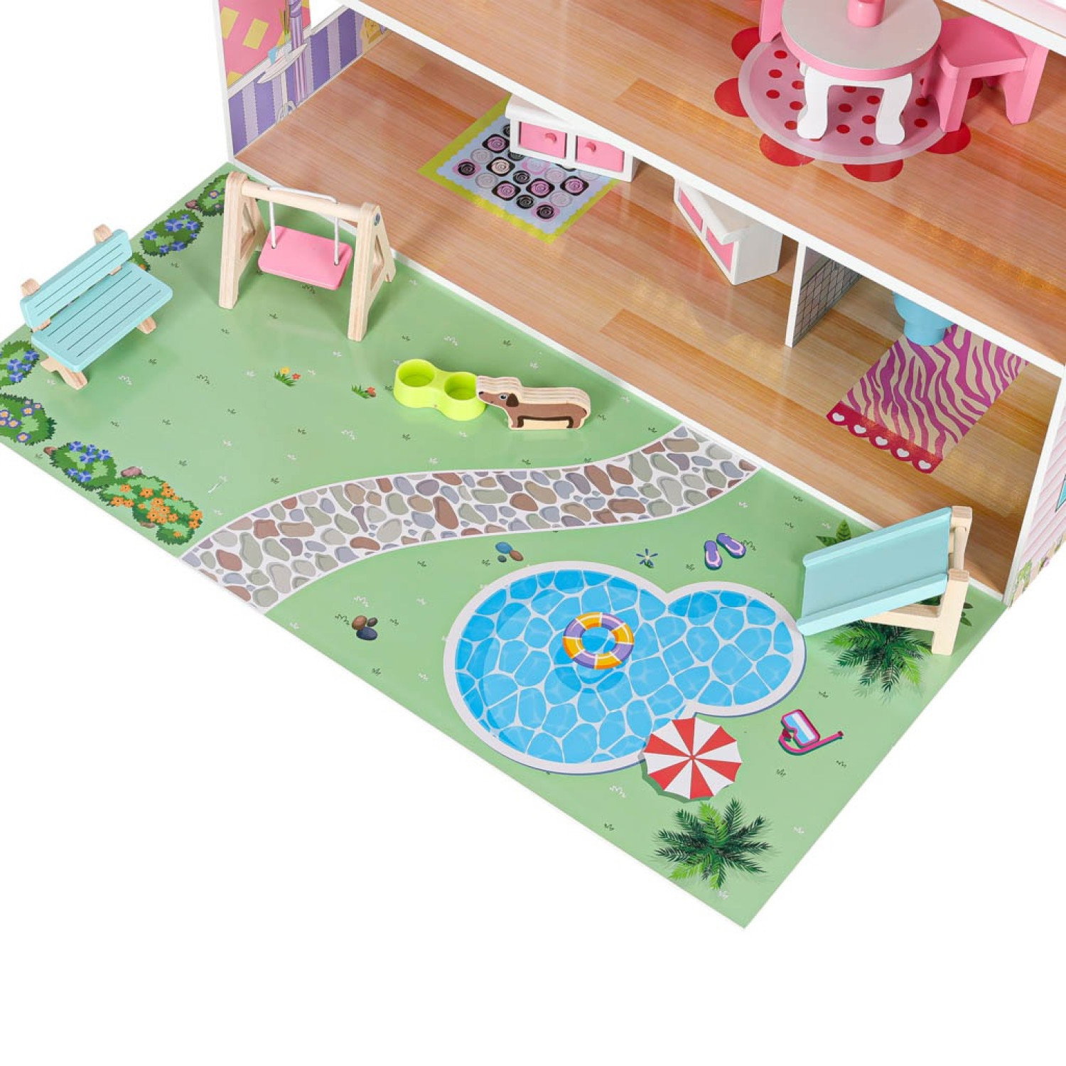 Дървена къща за кукли с LED осветление и градинско обзавеждане